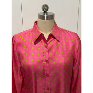 Jones New York Button Down silk Shirt petite Size M Pink Green Polka Dot